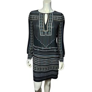 BCBGMaxAzria Black Printed Long Sleeve Dress Size XS Boho Chic Style